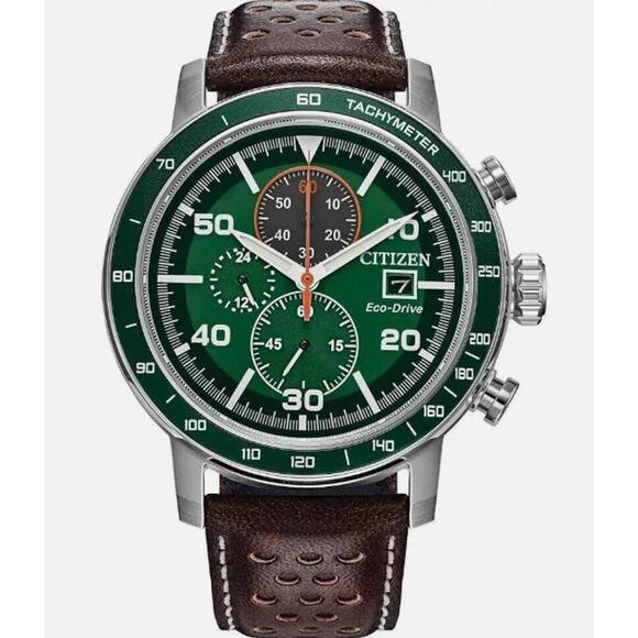 Citizen Eco-Drive Men's Chronograph Watch, Tachymeter and Brown Leather Strap - Picture 1 of 3